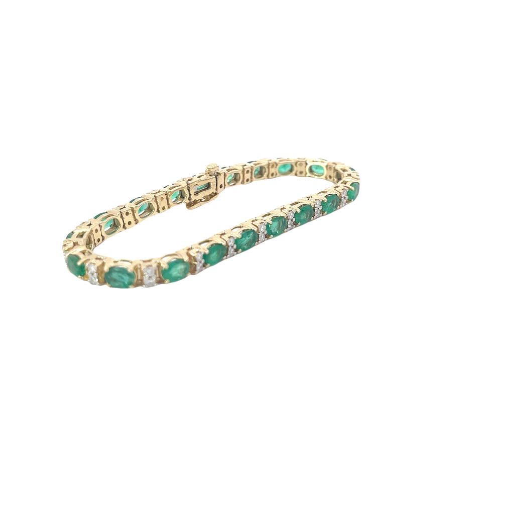 14k Yellow Gold 10.00ct Oval AA Emerald and 1.00ct G VS2 Round Diamond Tennis Bracelet