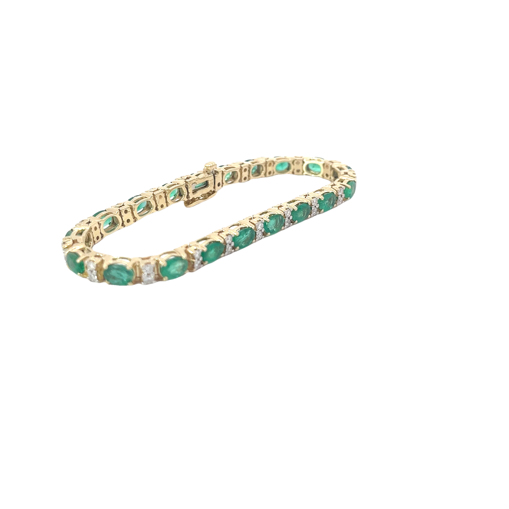 14k Yellow Gold 10.00ct Oval AA Emerald and 1.00ct G VS2 Round Diamond Tennis Bracelet