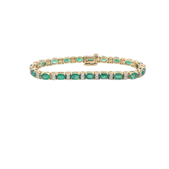 14k Yellow Gold 10ct Oval AA Emerald and 1.00ct G VS2 Round Diamond Tennis Bracelet