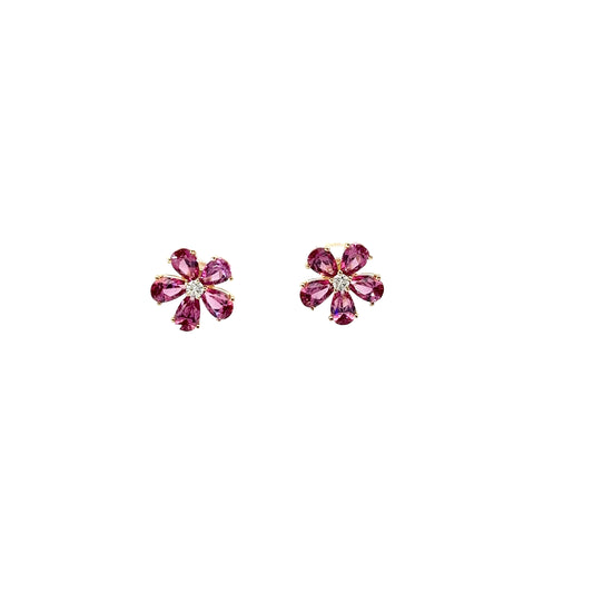 14k Yellow Gold 1.71ct Pink Tourmaline and .07ct G SI1 Round Diamond Flower Stud Earrings