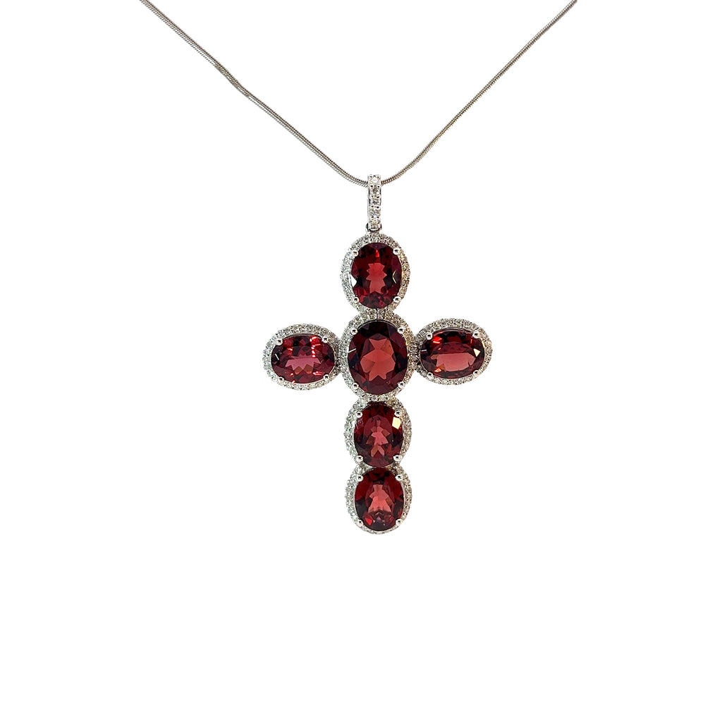 18k White Gold 9.00ct Garnet and 1.00ct G VS1 Round Diamond Cross Necklace