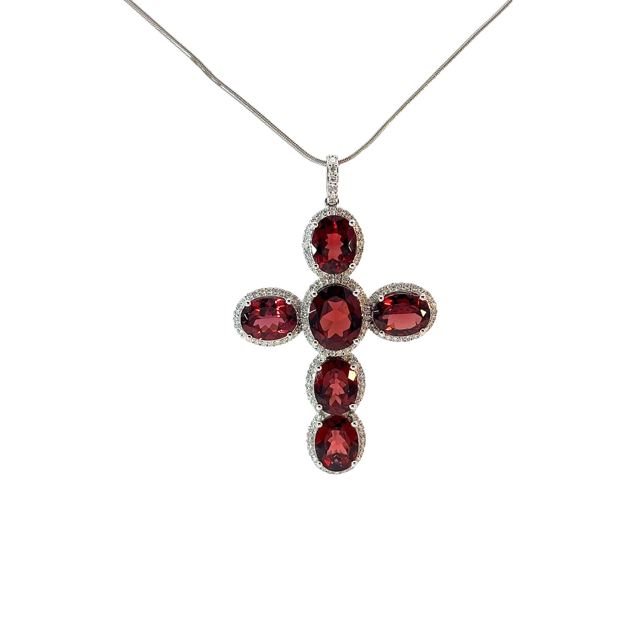 18k White Gold 9.00ct Garnet and 1.00ct G VS1 Round Diamond Cross Necklace