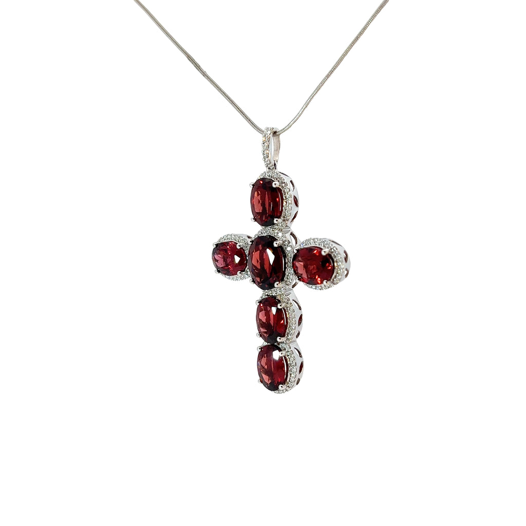 18k White Gold 9.00ct Garnet and 1.00ct G VS1 Round Diamond Cross Necklace