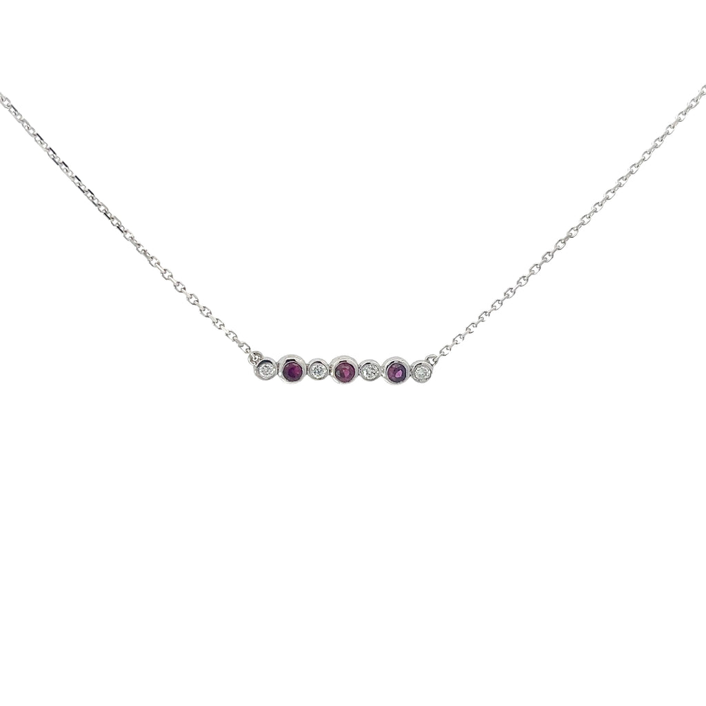 14K WHITE GOLD .15CT RUBY AND .05CT DIAMOND BAR NECKLACE