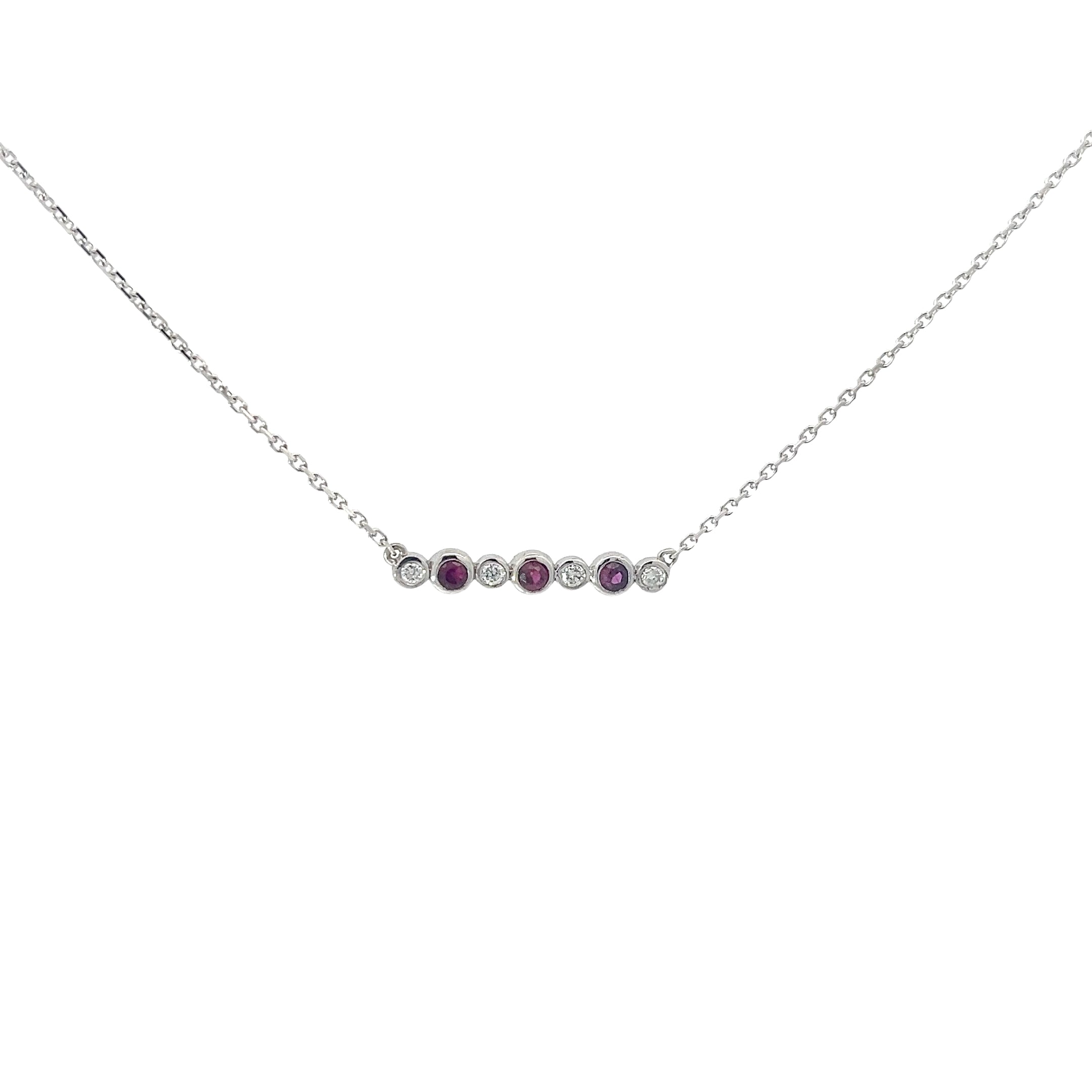 14K WHITE GOLD .15CT RUBY AND .05CT DIAMOND BAR NECKLACE