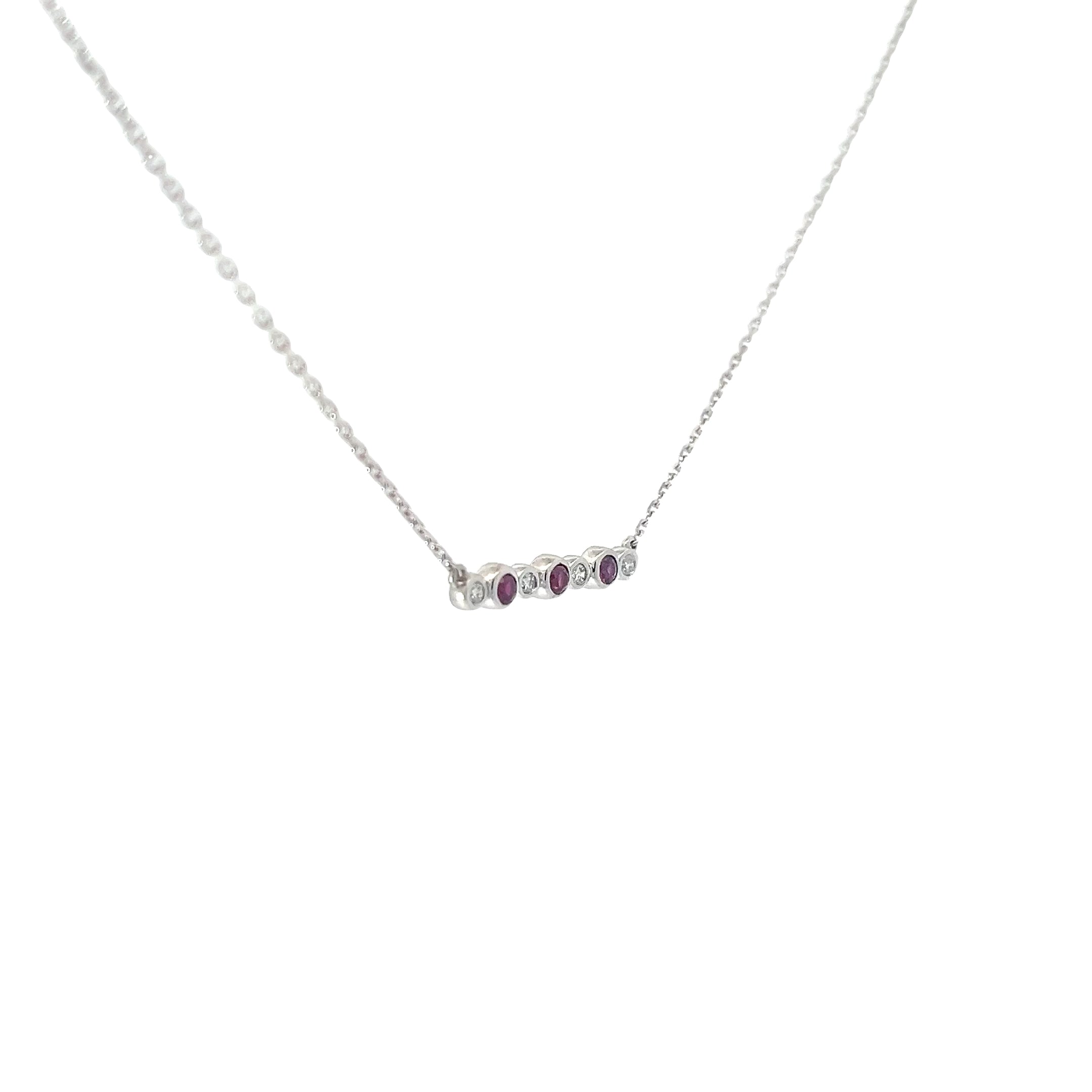 14K WHITE GOLD .15CT RUBY AND .05CT DIAMOND BAR NECKLACE