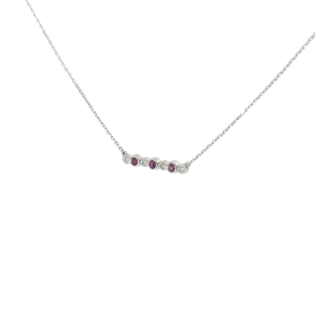 14K WHITE GOLD .15CT RUBY AND .05CT DIAMOND BAR NECKLACE