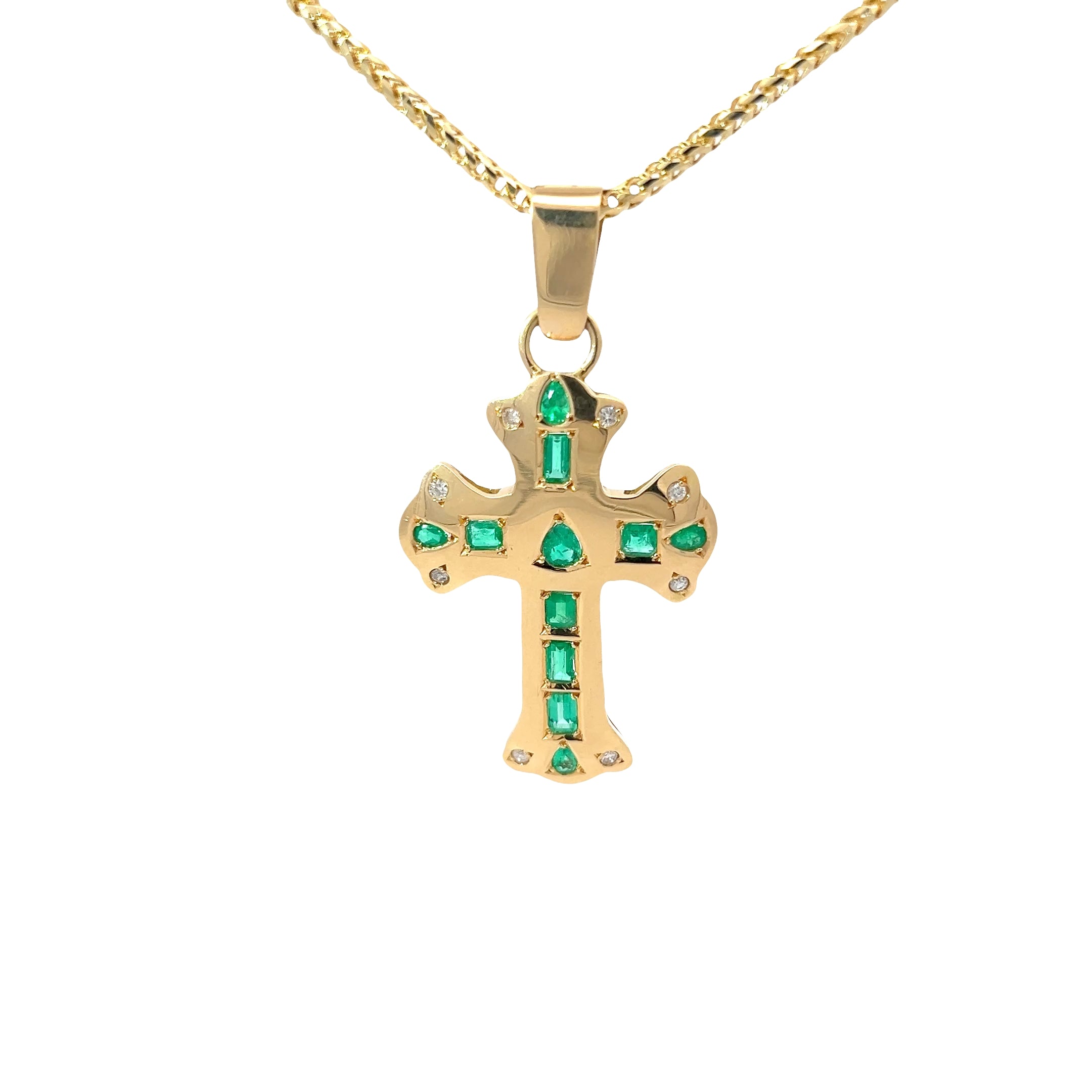 18k Yellow Gold 3.00ct Multi-Shape Colombian Emerald (Pear, Cushion, Emerald) /.20ct G VS2 Round Diamond Men Cross Pendant 2 1/2" x 1 1/4"