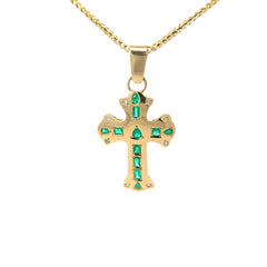 18k Yellow Gold 3.00ct Multi-Shape Colombian Emerald (Pear, Cushion, Emerald) /.20ct G VS2 Round Diamond Men Cross Pendant 2 1/2" x 1 1/4"
