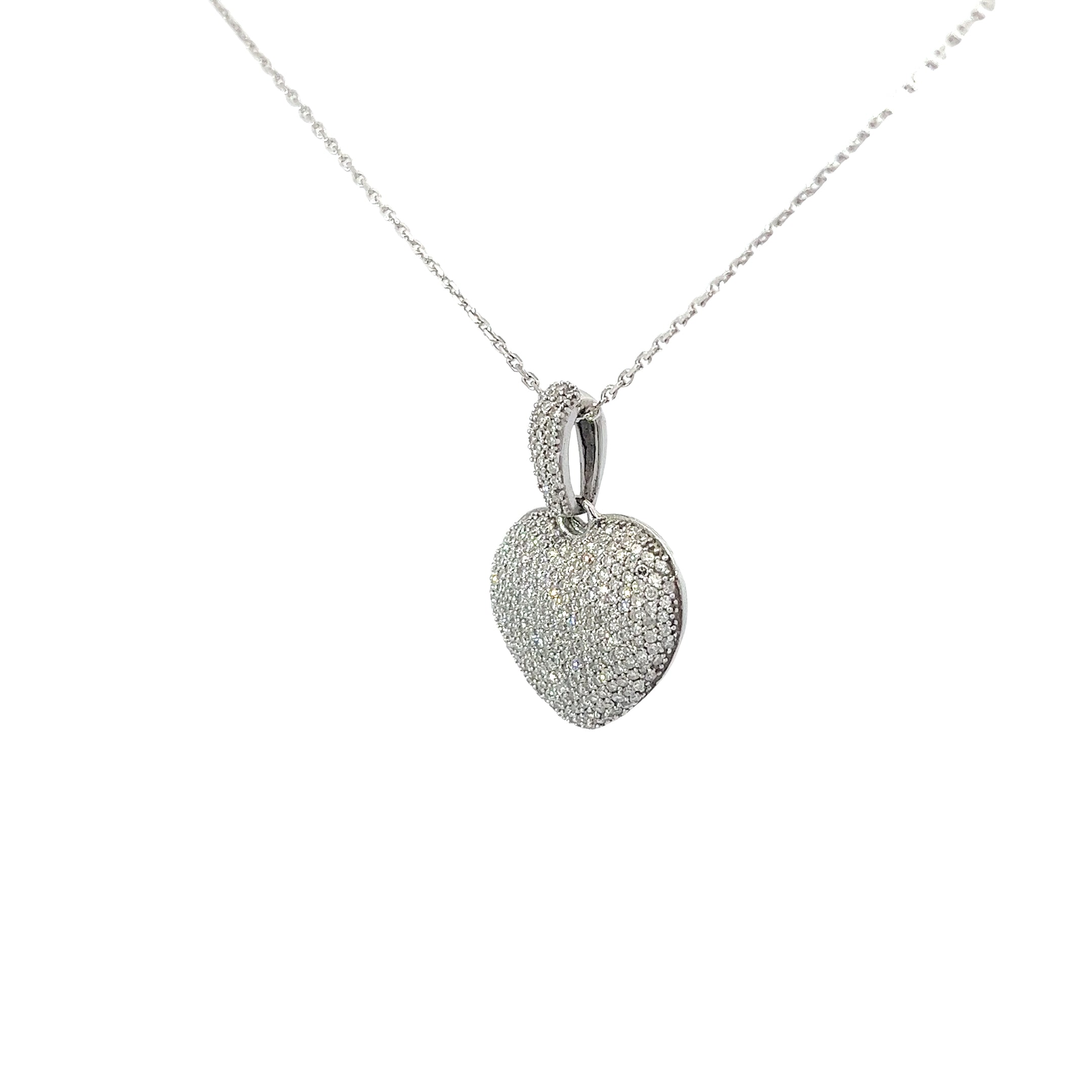 14k White Gold .75ct H SI1 Round Diamond Puffed Pave Heart Necklace