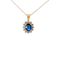 18k Yellow Gold 1.65ct Oval Blue Sapphire AA/ .53ct E VS2 Round Diamond Vintage Pendant