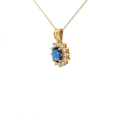 18k Yellow Gold 1.65ct Oval Blue Sapphire AA/ .53ct E VS2 Round Diamond Vintage Pendant