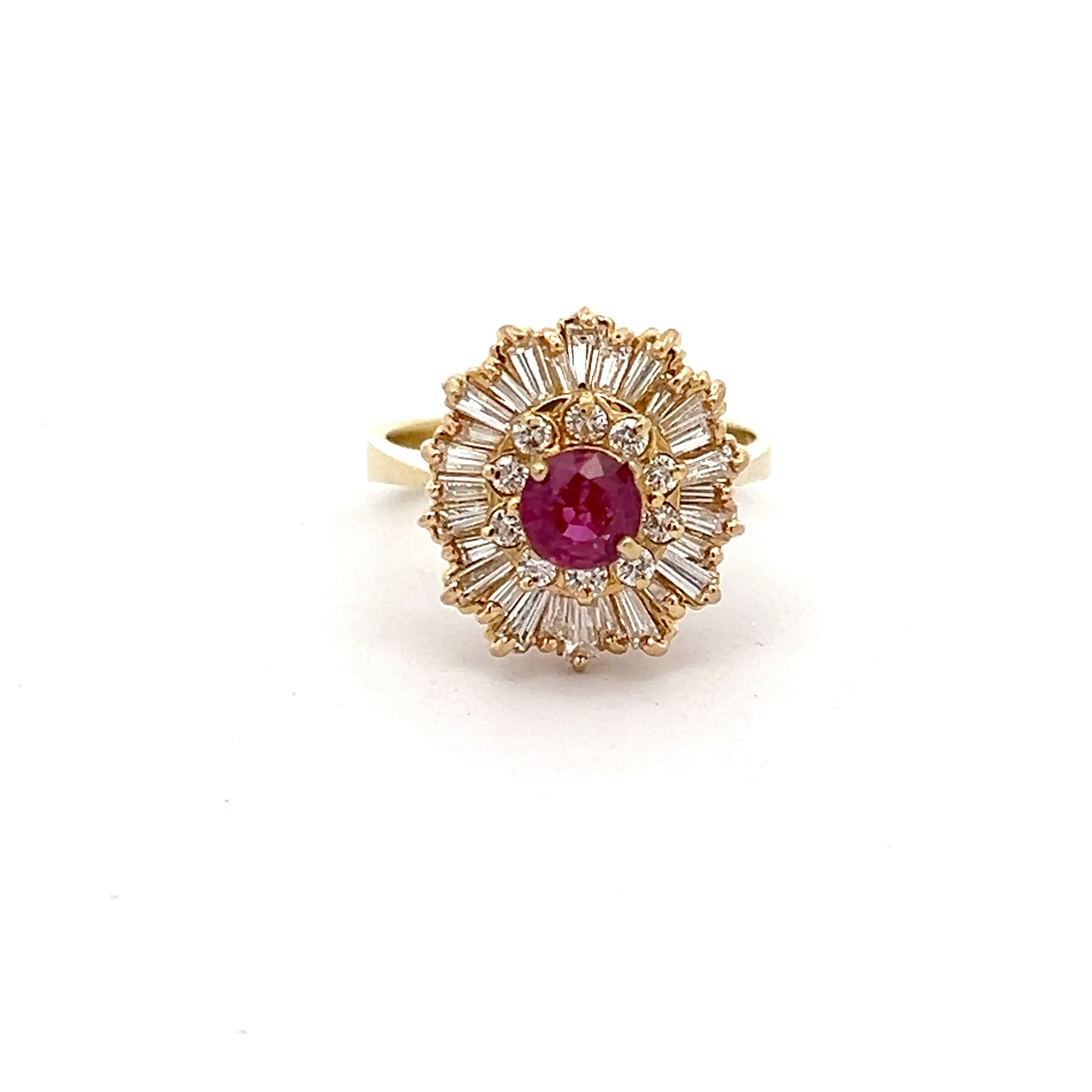 18k Yellow Gold 1.00ct G VS1 Baguette/Round Total Weight of Diamond and .85ct Round Thai Ruby Ballerina Setting Ring