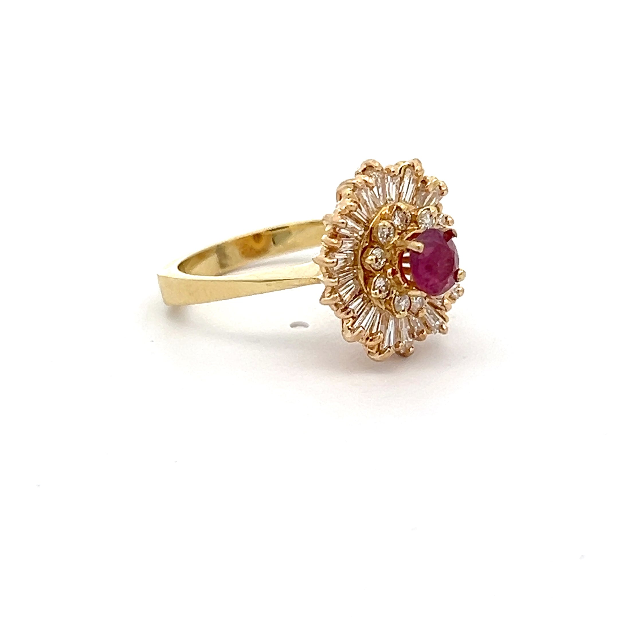 18k Yellow Gold 1.00ct G VS1 Baguette/Round Total Weight of Diamond and .85ct Round Thai Ruby Ballerina Setting Ring