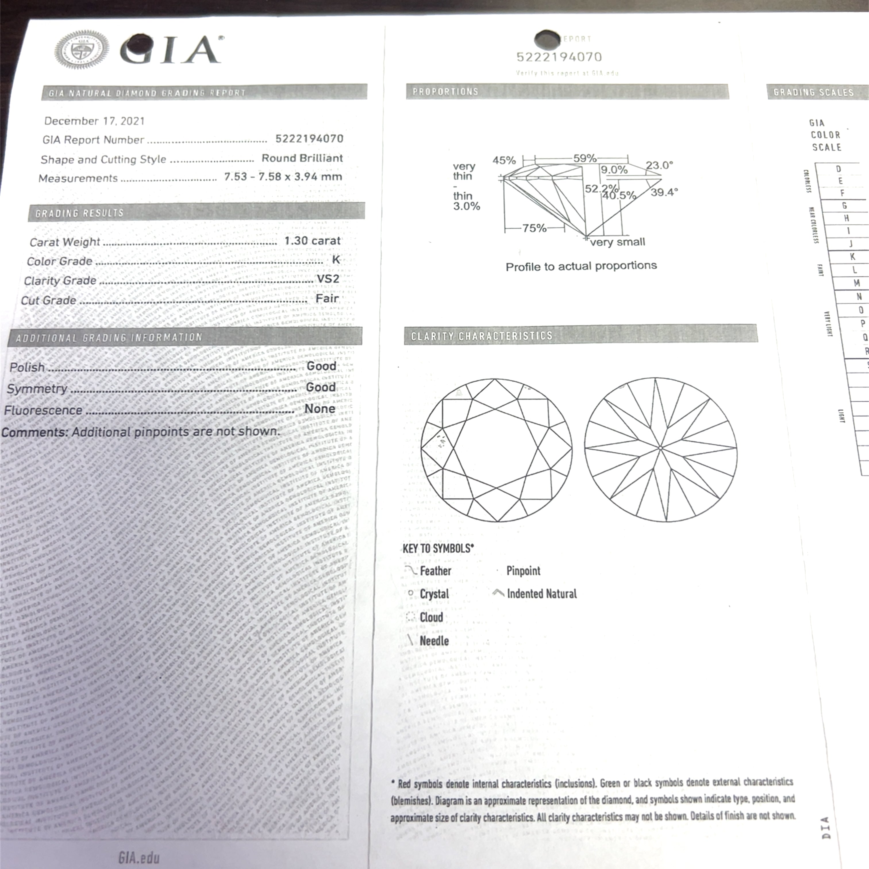 14k White Gold 1.30ct K VS2 Round Center Diamond/.73ct G VS2 Round Diamond Engagement Ring Certified By GIA #5222194070