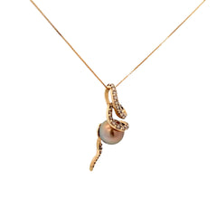 14k Yellow Gold .20ct Round Chocolate Diamond and South Sea Golden 10mm Pearl Levitan Necklace