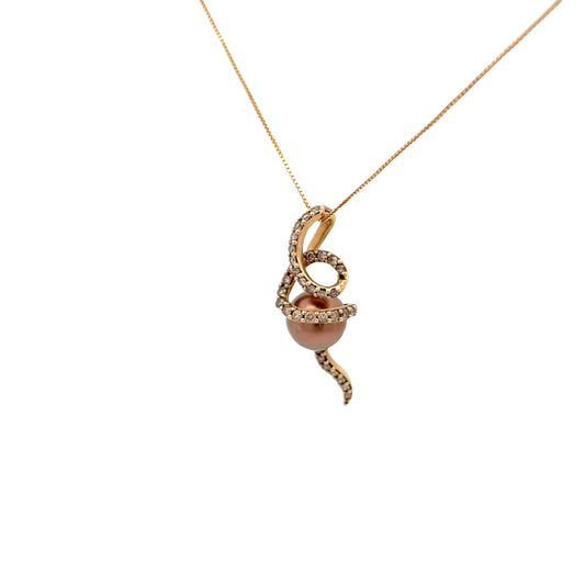 14k Yellow Gold .20ct Round Chocolate Diamond and South Sea Golden 10mm Pearl Levitan Necklace