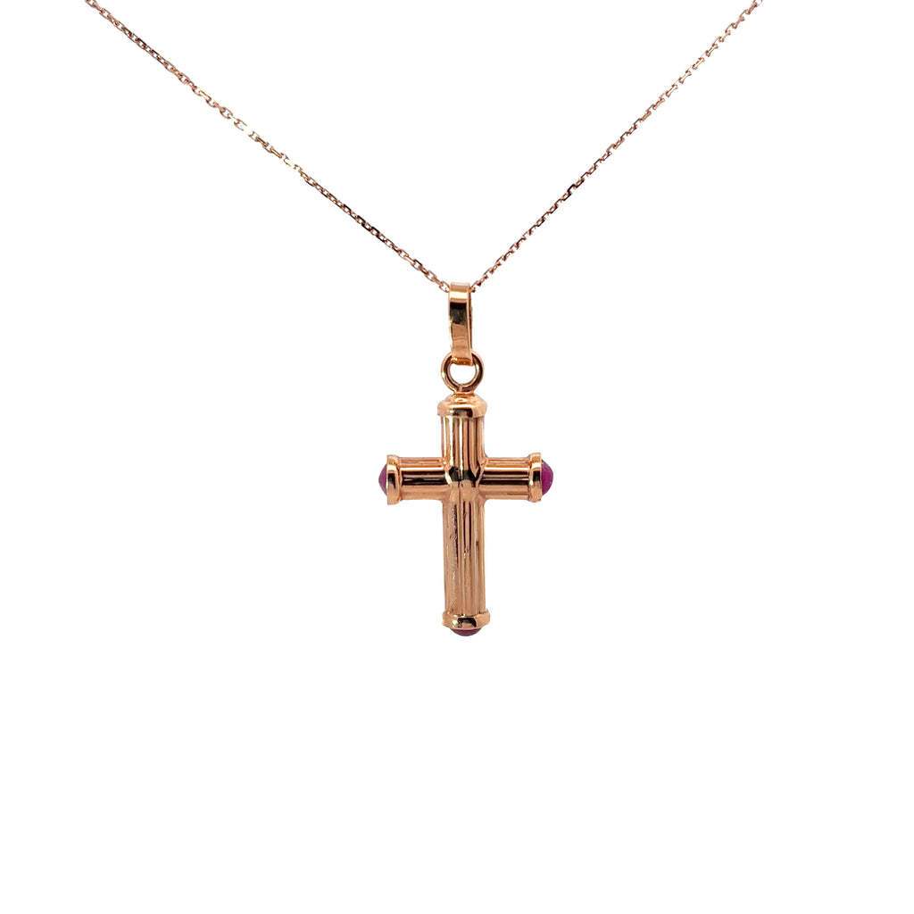 14k Rose Gold Cabochon Cut  Ruby Cross Necklace