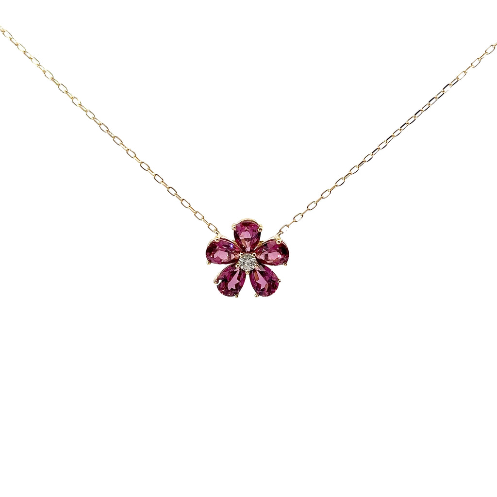 14KY 1.85CT PINK TOURMALINE AND .08CT DIAMOND FLOWER PENDANT
