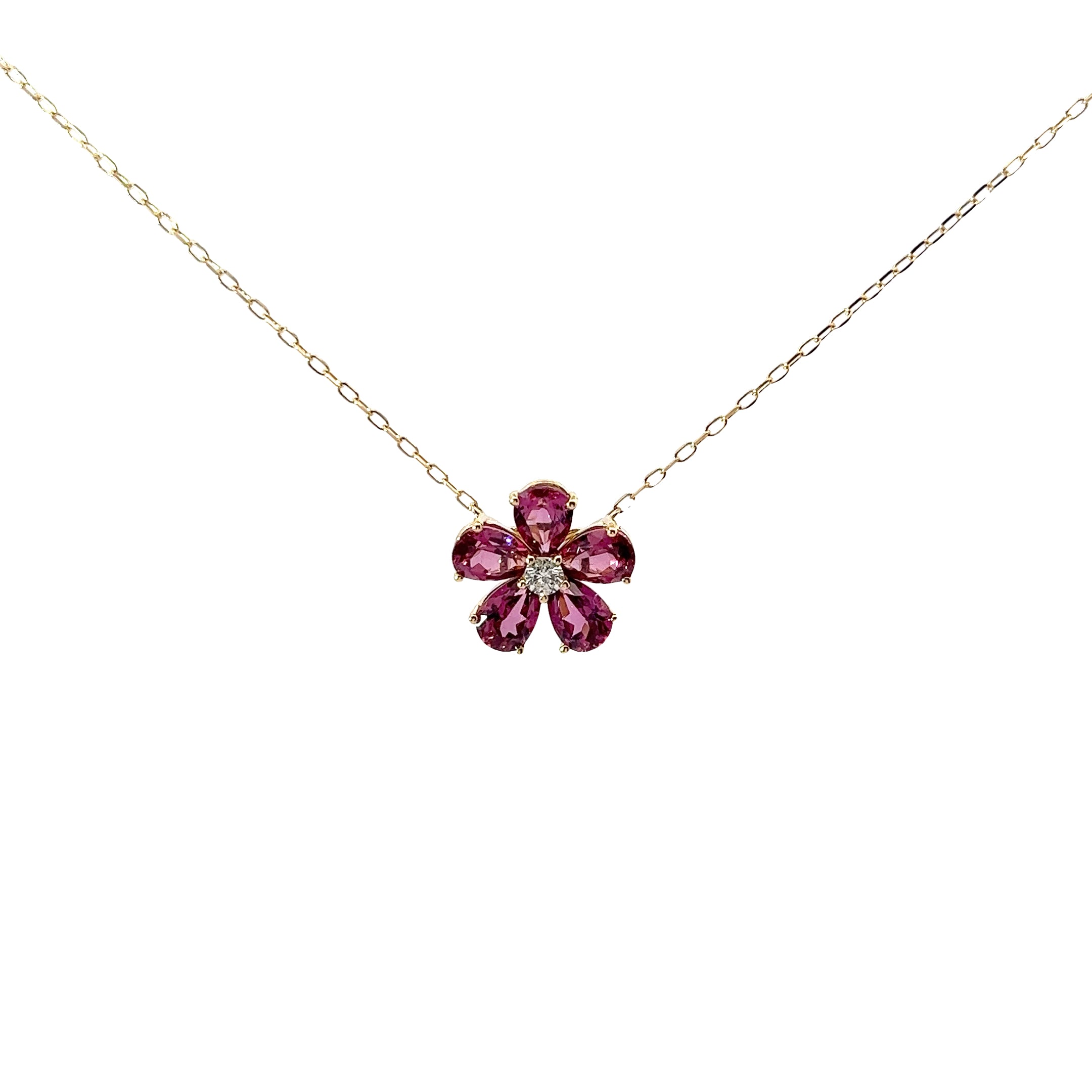 14KY 1.85CT PINK TOURMALINE AND .08CT DIAMOND FLOWER PENDANT