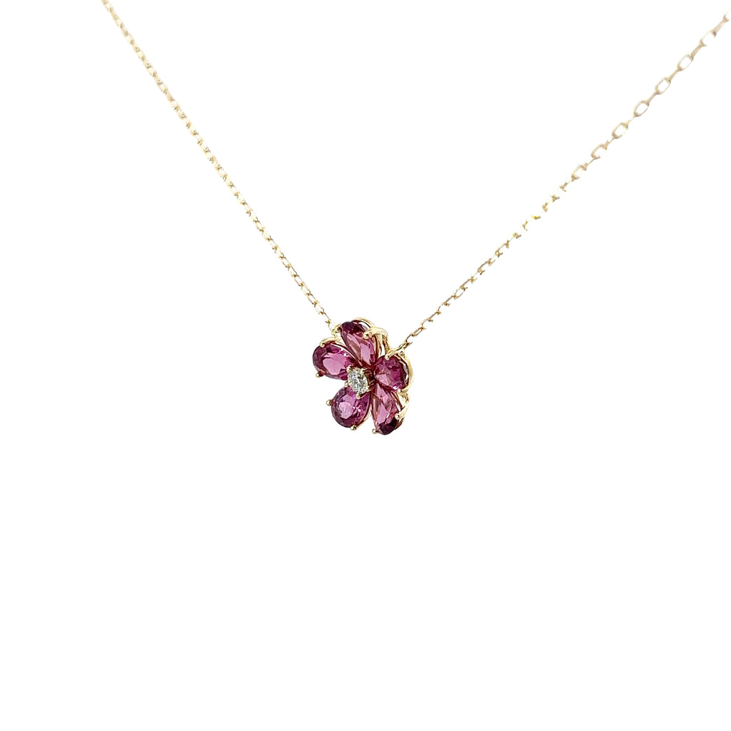 14KY 1.85CT PINK TOURMALINE AND .08CT DIAMOND FLOWER PENDANT