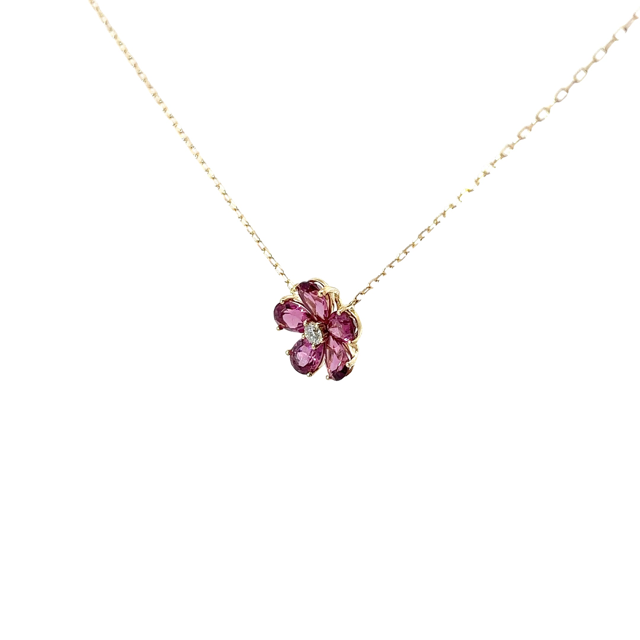 14KY 1.85CT PINK TOURMALINE AND .08CT DIAMOND FLOWER PENDANT