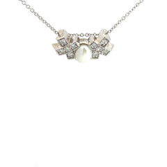 14k White Gold F VS2 Round Diamond with One Pearl XO Pendant