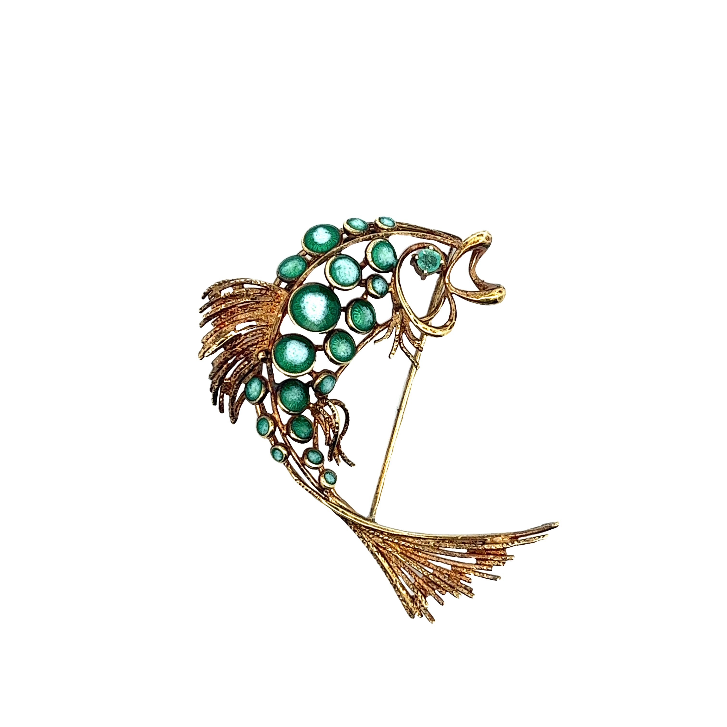 14k Yellow Gold Green Malachite and Emerald Vintage Fish Brooch/ Pin
