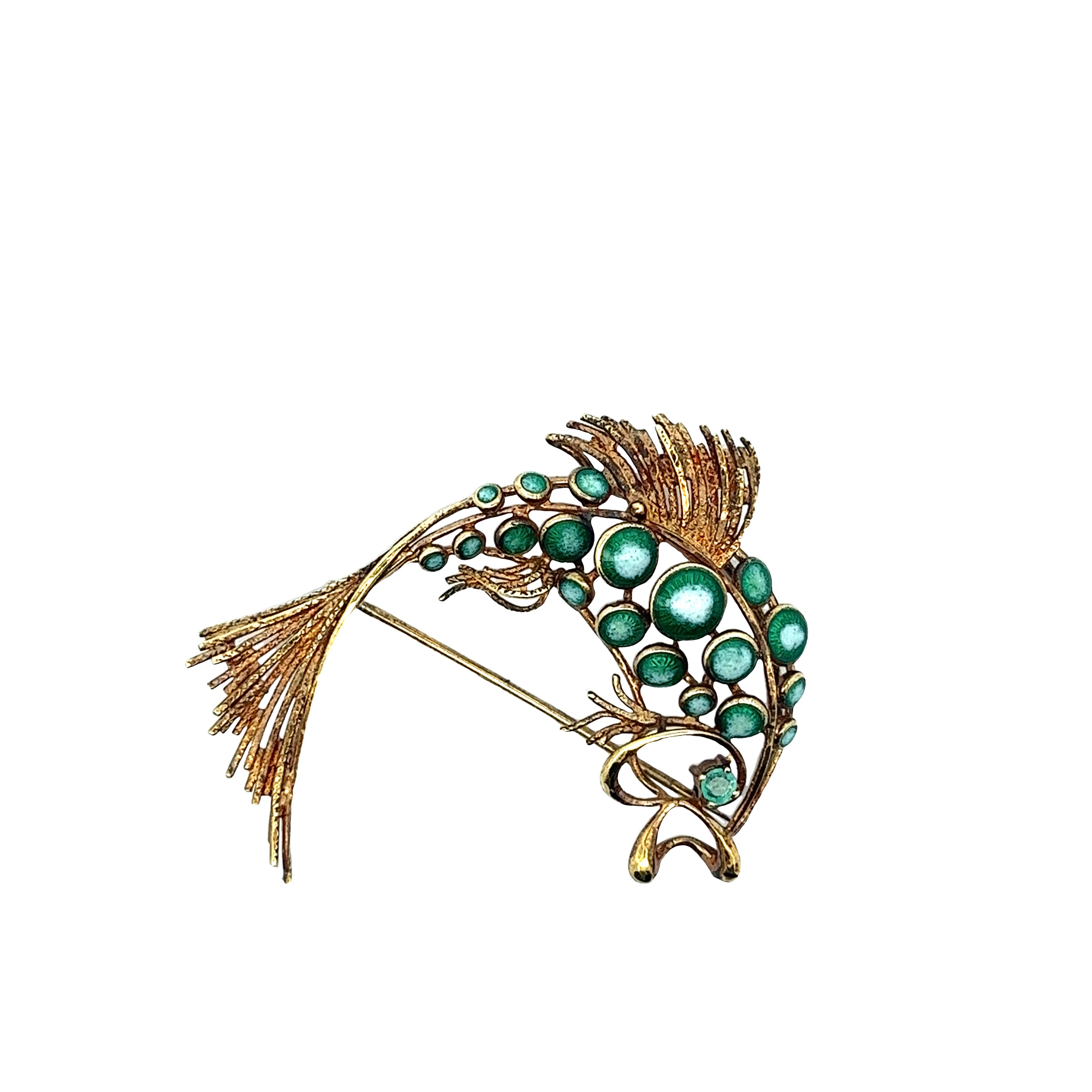14k Yellow Gold Green Malachite and Emerald Vintage Fish Brooch/ Pin