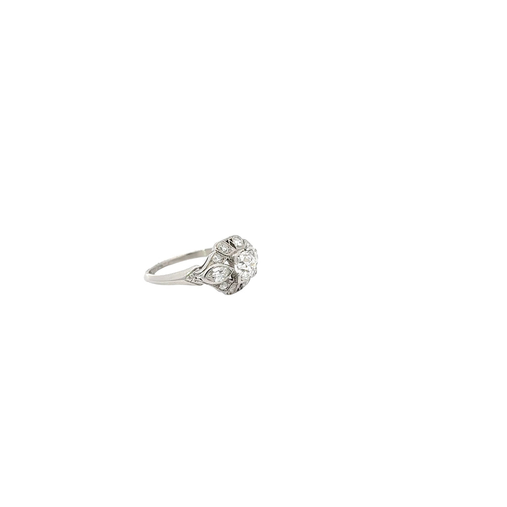 Platinum Antique Style 1.05ct E VS2 Total Weight Round and Marquise Diamond Engagement Ring
