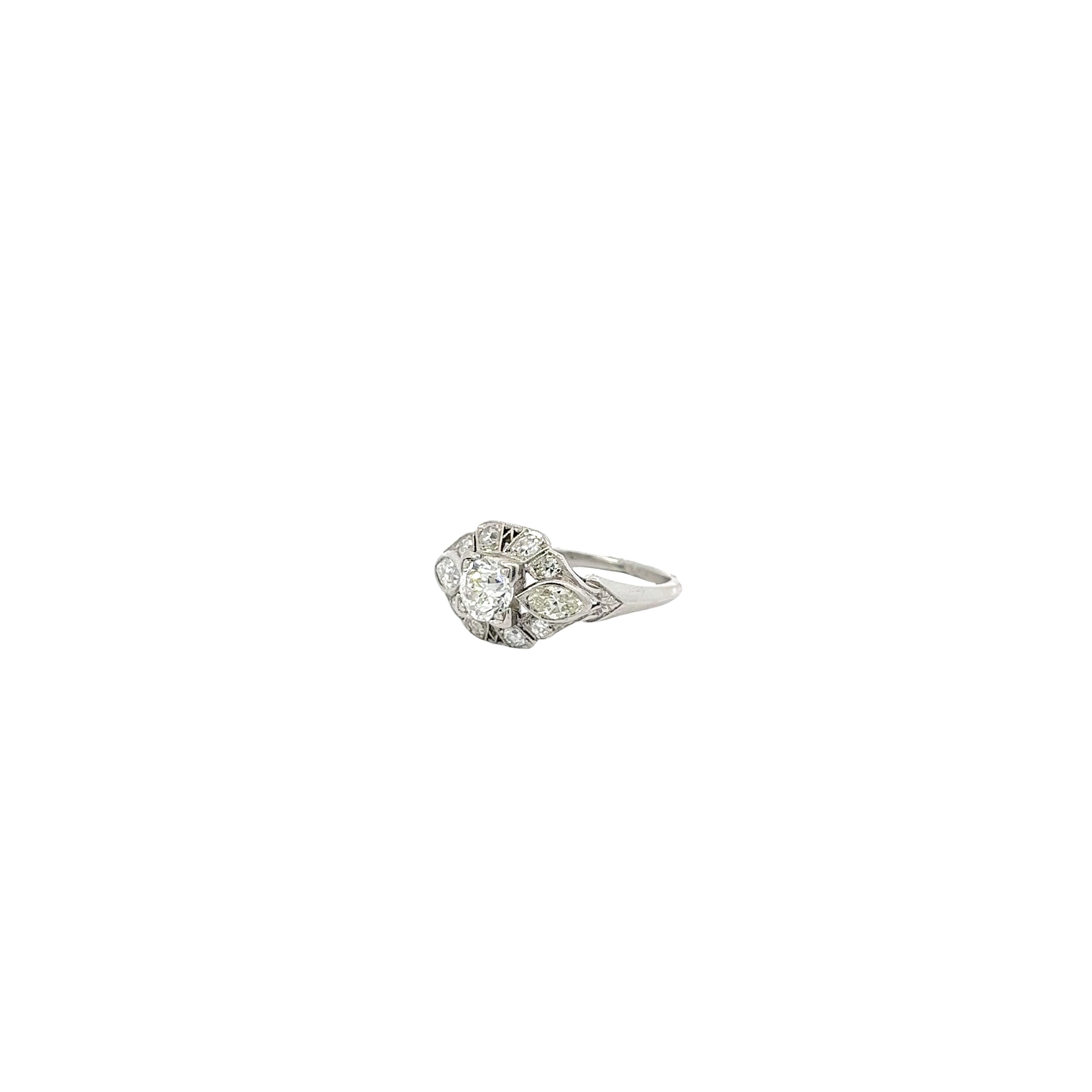 Platinum Antique Style 1.05ct E VS2 Total Weight Round and Marquise Diamond Engagement Ring