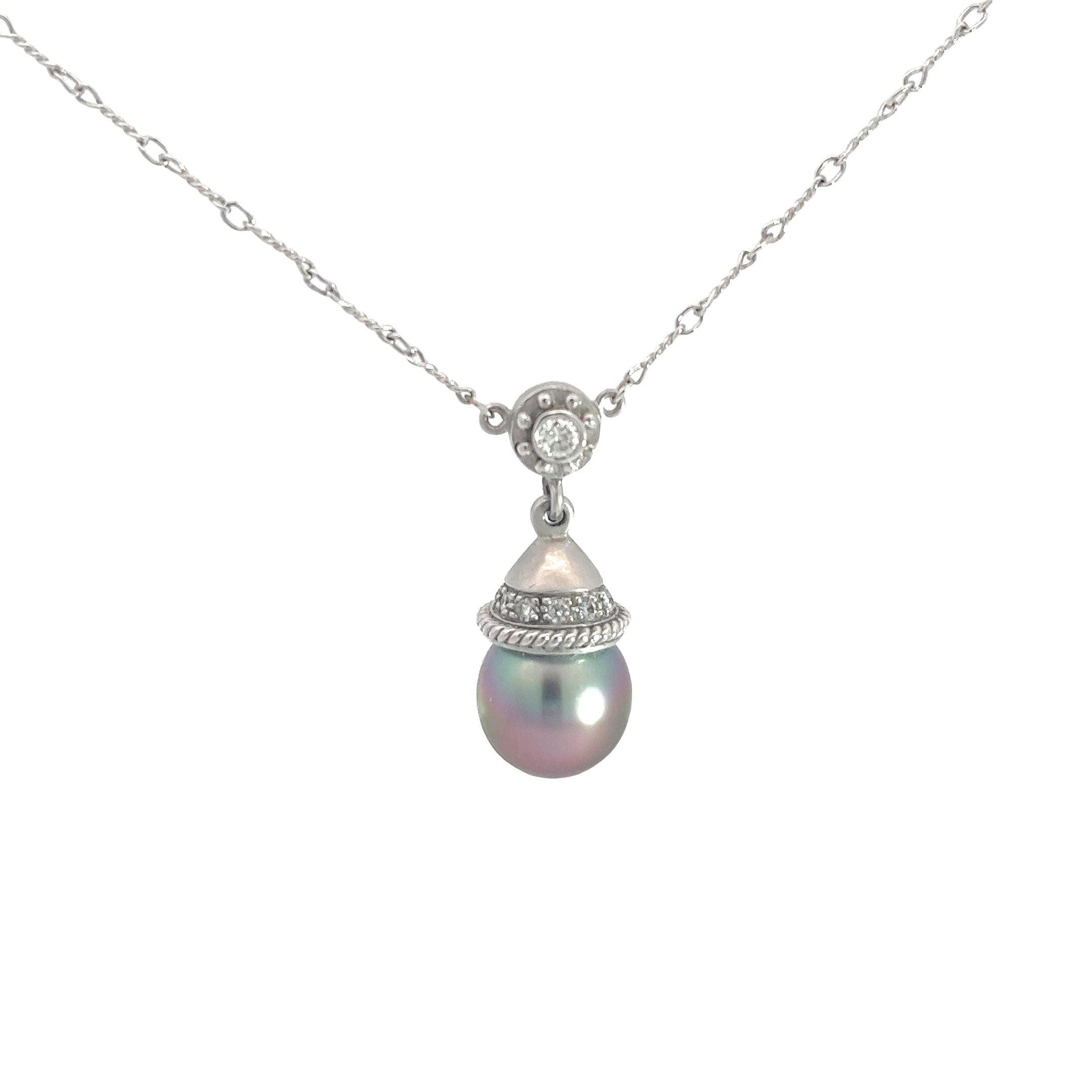 14k White Gold .25ct G SI1 Round and Tahitian 11.5mm Pearl Necklace