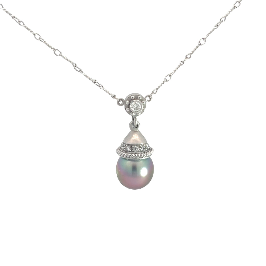 14k White Gold .25ct G SI1 Round Diamond and Tahitian 11.5mm Pearl Necklace