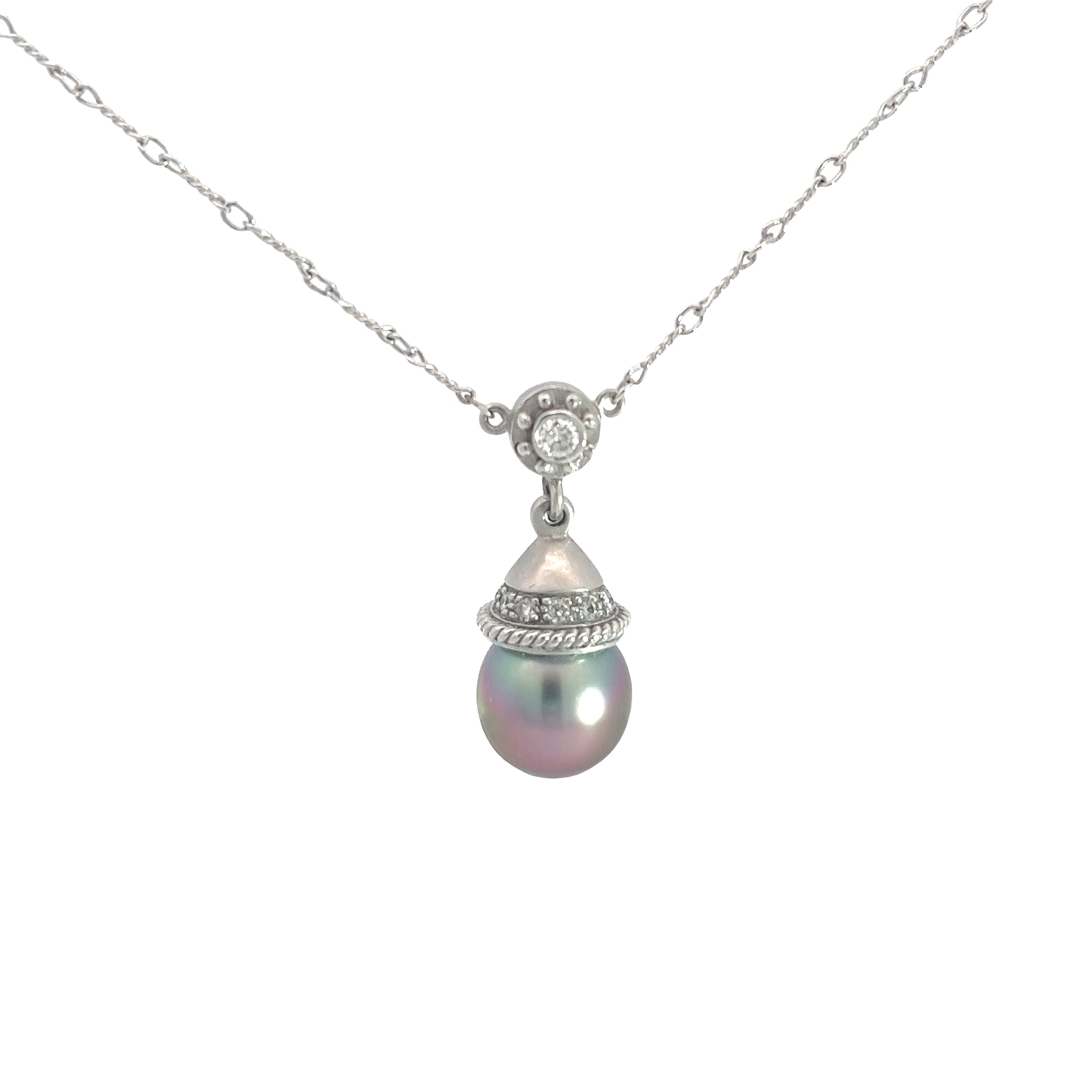 14k White Gold .25ct G SI1 Round Diamond and Tahitian 11.5mm Pearl Necklace
