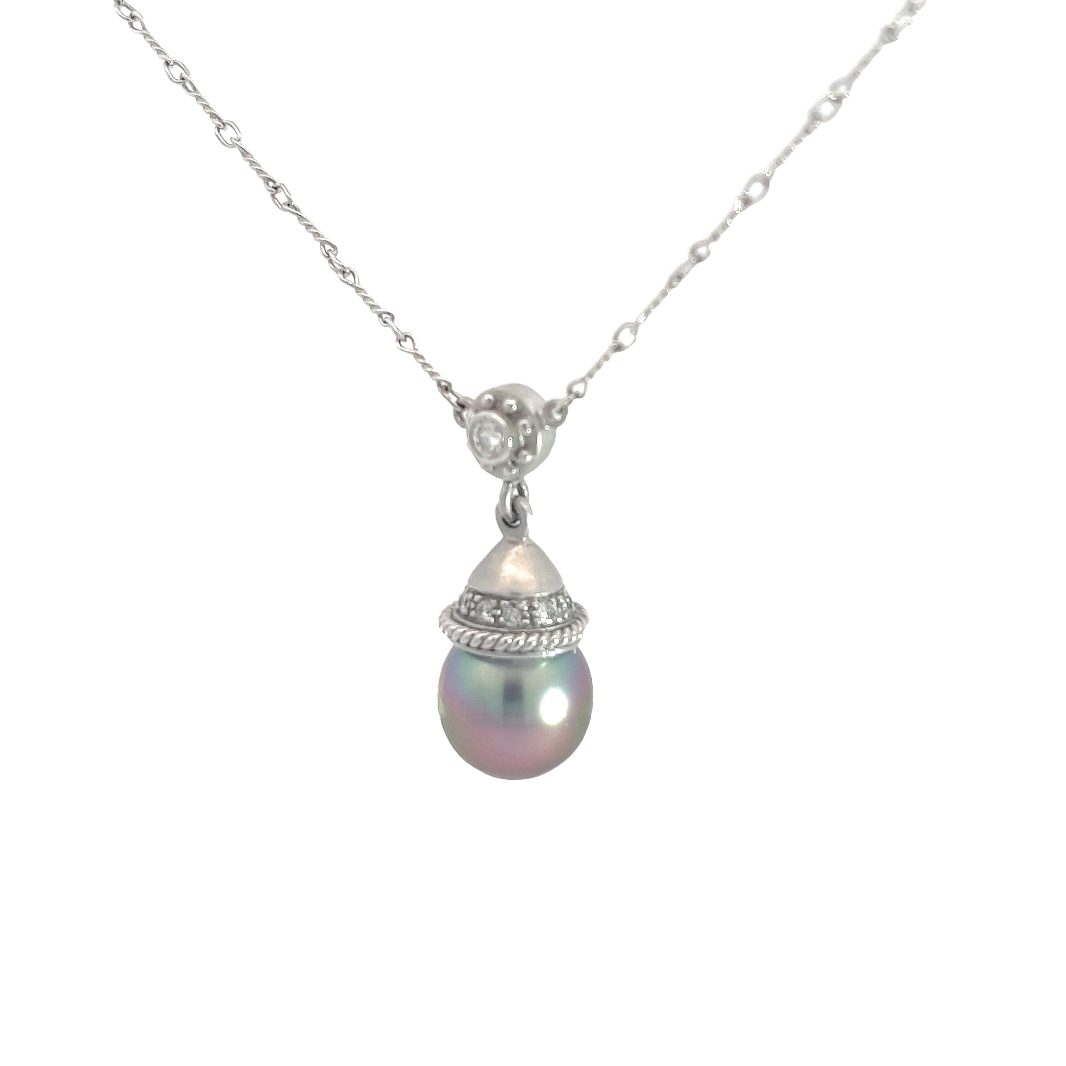 14k White Gold .25ct G SI1 Round Diamond and Tahitian 11.5mm Pearl Necklace