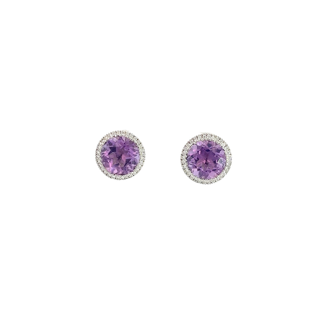 14K WHITE GOLD 2.50CT AMETHYST AA 10MM AND .25CT G SI1 ROUND DIAMOND STUDS EARRINGS