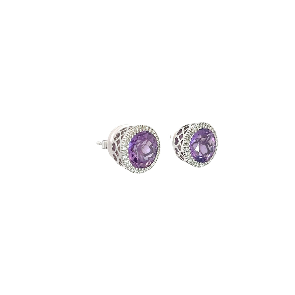 14K WHITE GOLD 2.50CT AMETHYST AA 10MM AND .25CT G SI1 ROUND DIAMOND STUDS EARRINGS