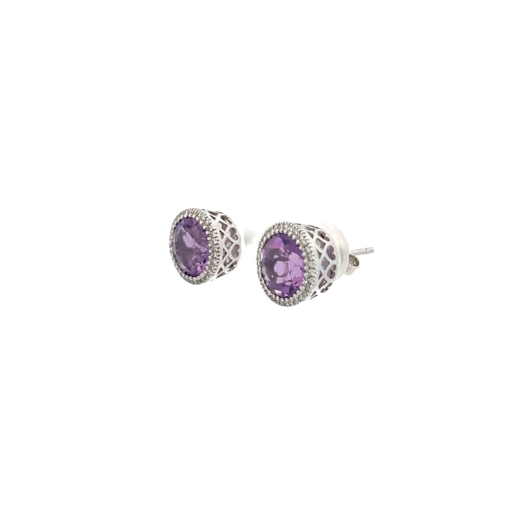 14K WHITE GOLD 2.50CT AMETHYST AA 10MM AND .25CT G SI1 ROUND DIAMOND STUDS EARRINGS