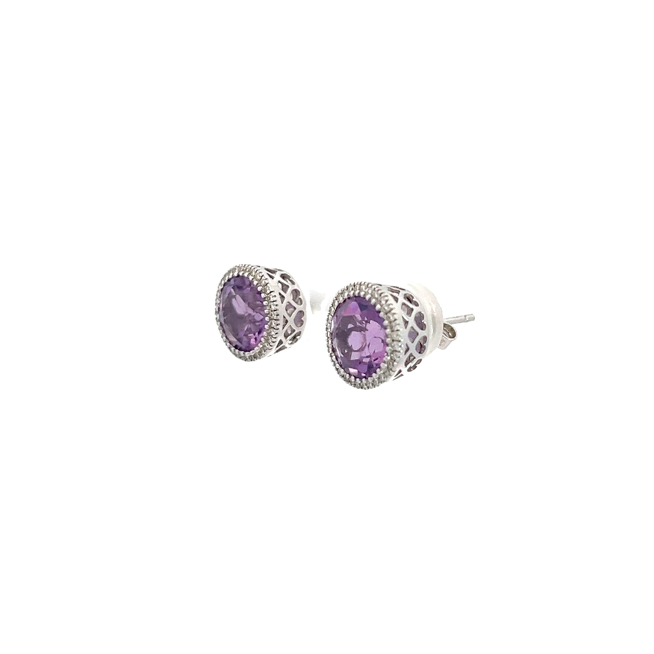 14K WHITE GOLD 2.50CT AMETHYST AA 10MM AND .25CT G SI1 ROUND DIAMOND STUDS EARRINGS
