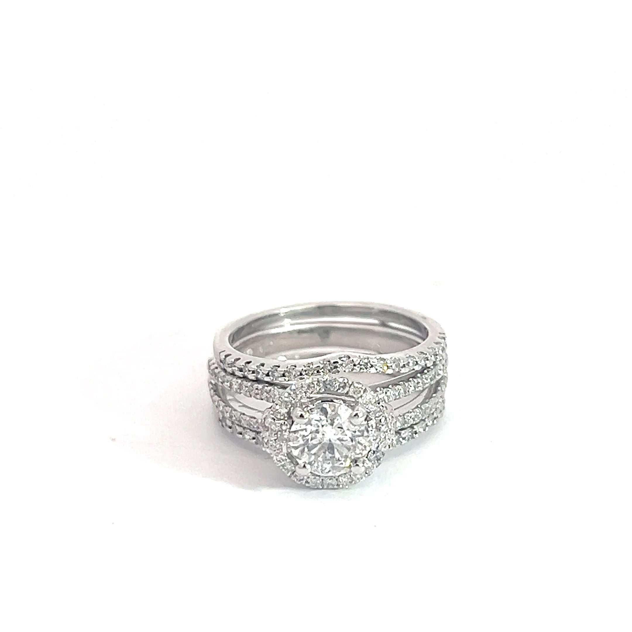 14k White Gold 1.00ct F SI1 Round Diamond with Halo and Double Round Diamond / 1.00ct F SI1 Round Diamond Insert Band
