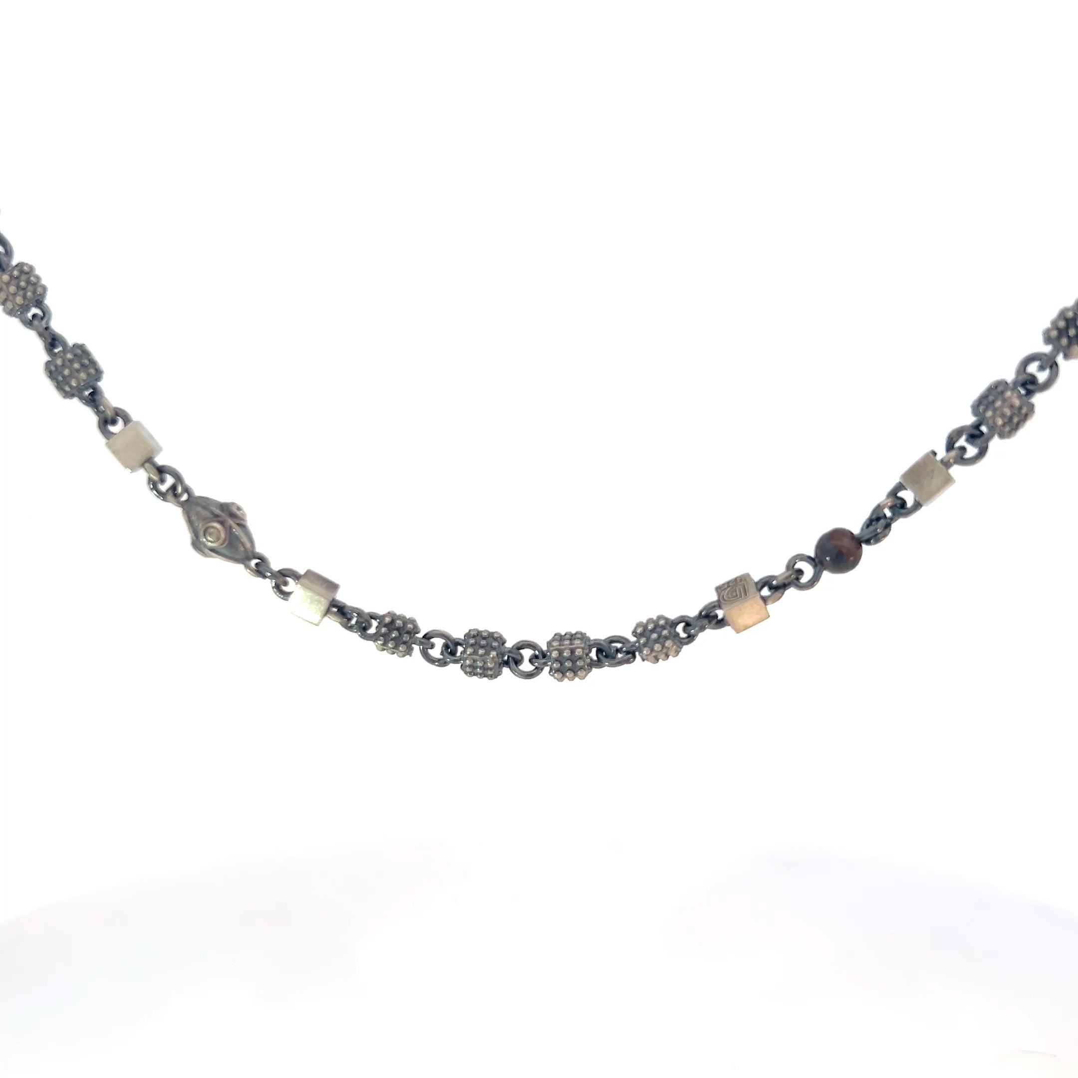 Sterling Silver 36.3 Gram Square, Oval with Cubic Zirconium and Tiger Eye Beaded Necklace