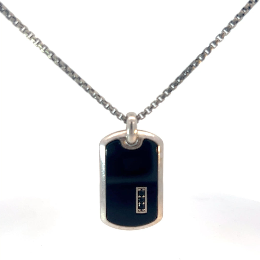 Sterling Silver 25.1 gram Necklace/ Dog Tag with Black Enamel and Black Onyx Stone Pendant