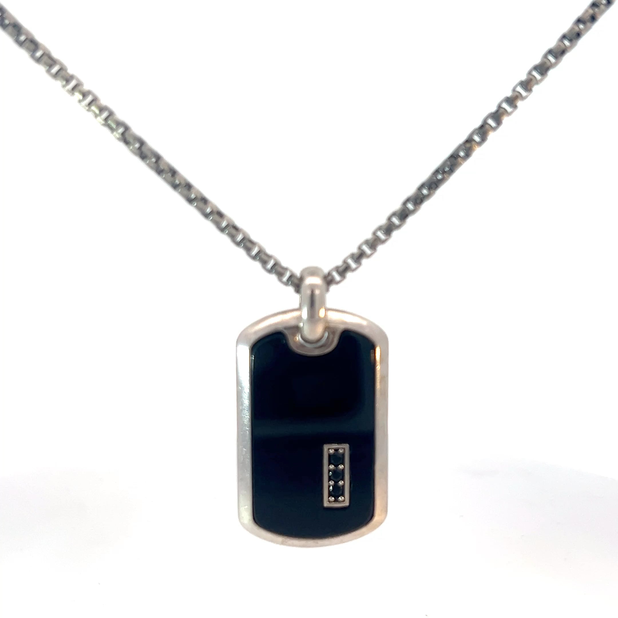 Sterling Silver 25.1 gram Necklace/ Dog Tag with Black Enamel and Black Onyx Stone Pendant