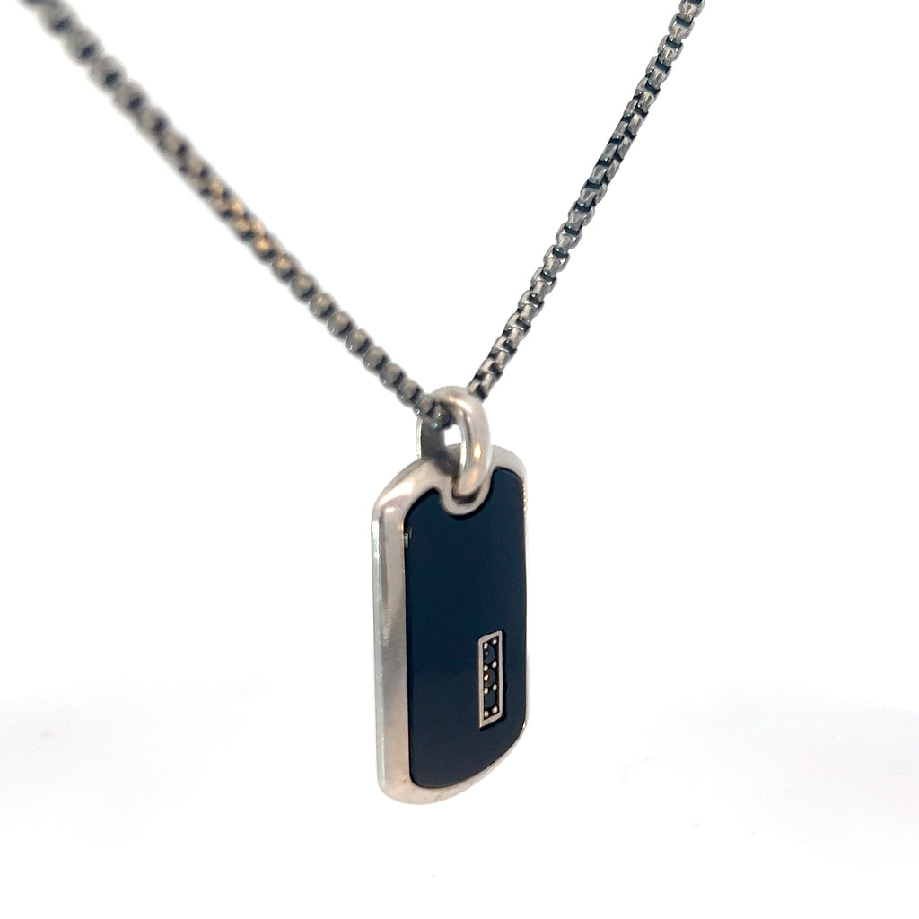 Sterling Silver 25.1 gram Necklace/ Dog Tag with Black Enamel and Black Onyx Stone Pendant