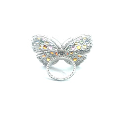 18k White Gold 13.42ct Multi Color Sapphire and 2.00ct E VS2 Round Diamond Large Butterfly Ring