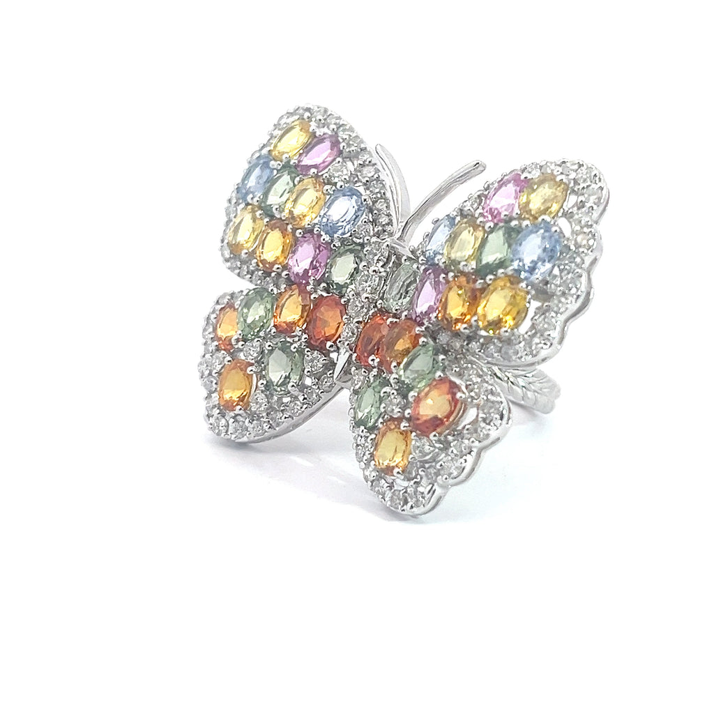 18k White Gold 13.42ct Multi Color Sapphire and 2.00ct E VS2 Round Diamond Large Butterfly Ring