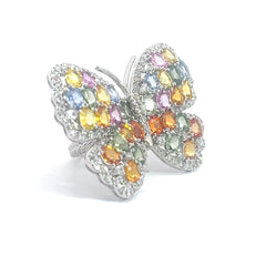 18k White Gold 13.42ct Multi Color Sapphire and 2.00ct E VS2 Round Diamond Large Butterfly Ring