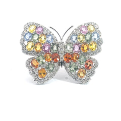 18k White Gold 13.42ct Multi Color Sapphire and 2.00ct E VS2 Round Diamond Large Butterfly Ring