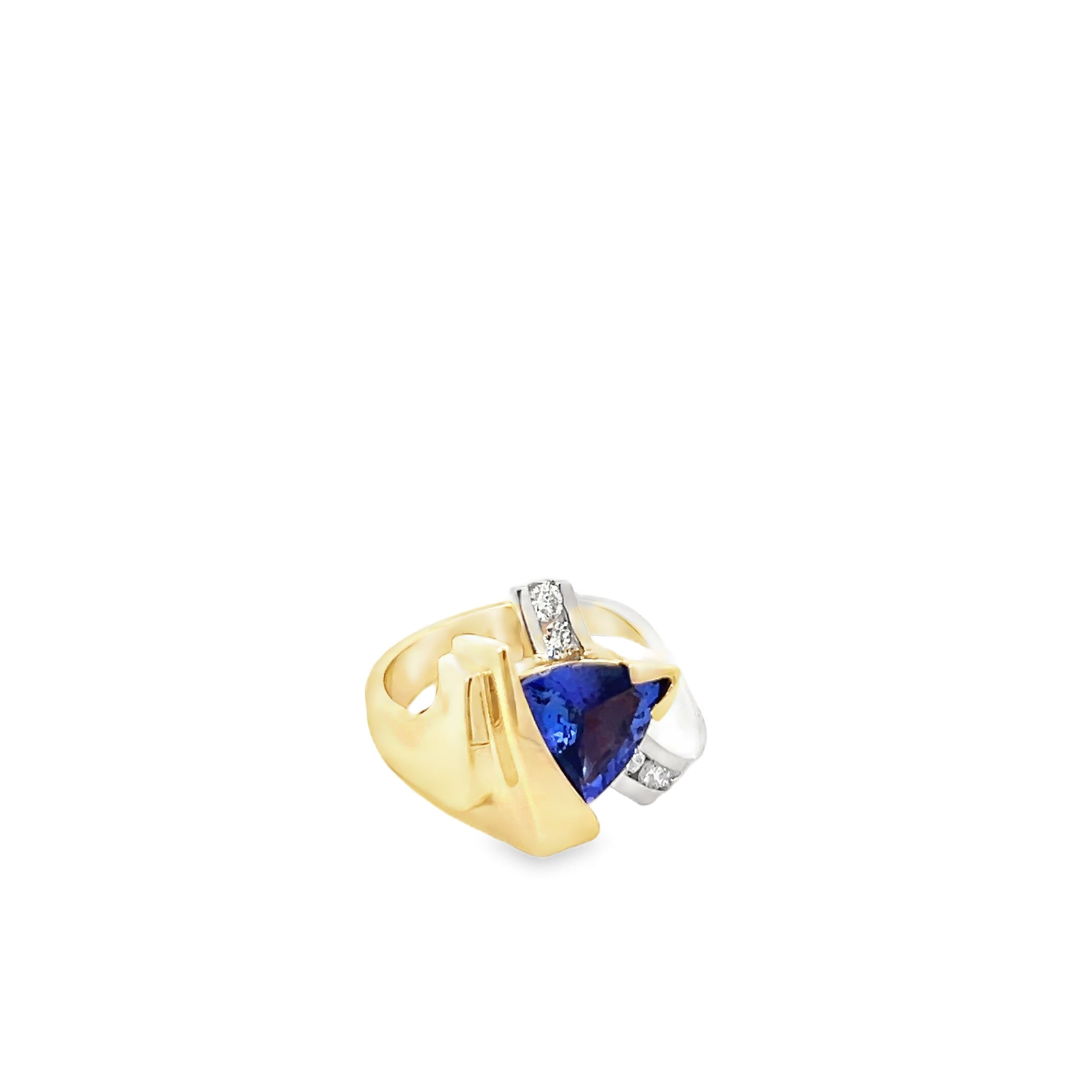 14k Two Tone 2.00ct Trillion Tanzanite AAA/.35ct E VS2 Round Diamond Unique Custom Ring 9 Gram