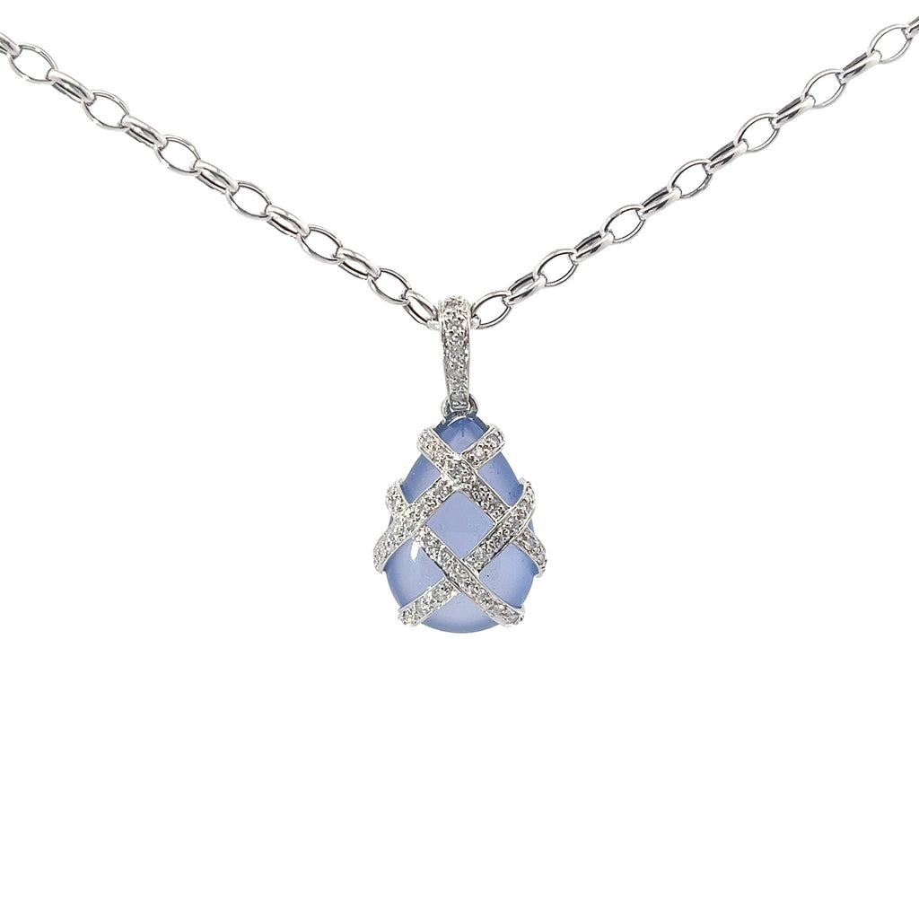 14k White Gold .40ct G SI1 Round Diamond and  Calcedony Faberge Egg Pendant